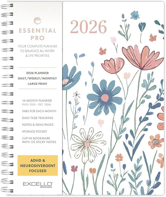 Essential PRO 2026 Daily, Weekly & Monthly Planner, 8.5"x11": 14 Months (Nov 2025 - Dec 2026) Monthly Tabs,Daily Tracking,Notes Pages,Storage Pocket,Bookmark w Sticky Notes (Colorful Botanicals)