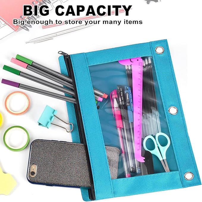 Pencil Pouch 3 Ring, Zipper Pencil Pouches Case Binder Cosmetic Bag Black 2 Pack