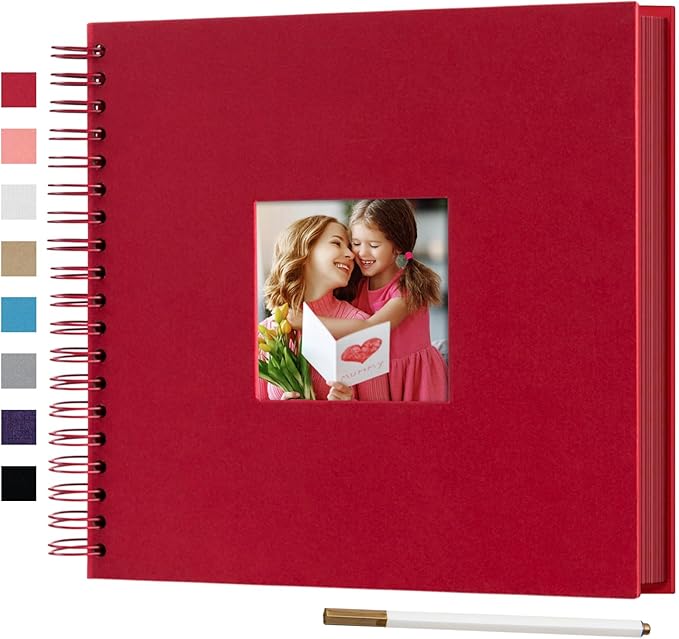 10 x 10 Inch DIY Scrapbook Photo Album with Window Design Cover 80 Pages Craft Paper Memory Book for Weeding Anniversary Travel and Baby (Red)