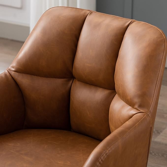 VESCASA Adjustable Home Office Desk Chair with Comfy Square Tufted Mid-Back, Faux Leather 360 Swivel Upholstered Task Armchair with Wheels for Teens Bedroom/Living Room, Brown
