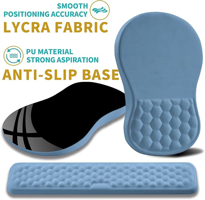 Hokafenle 2 in 1 Ergonomic Mouse Pad Wrist Support & Wrist Rest for Computer Keyboard Set, with Relieve Carpal Tunnel Pain Massage Bulge and Full Memory Gel Design (2In1 Set, Lake Blue)