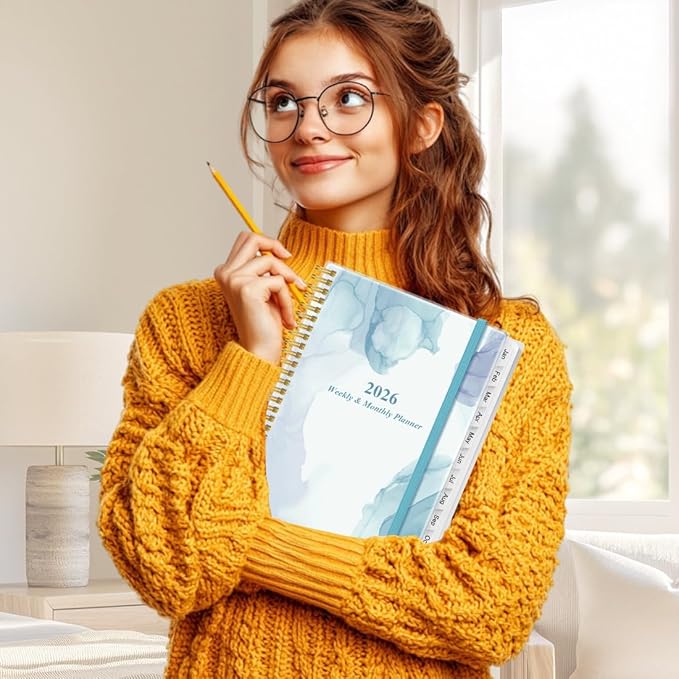 2026 Planner - Planner 2026 from January 2026 to December 2026 with 12 Monthly Tabs, Flexible Cover, Inner Pocket, 8.5" x 11", Blue Watercolor