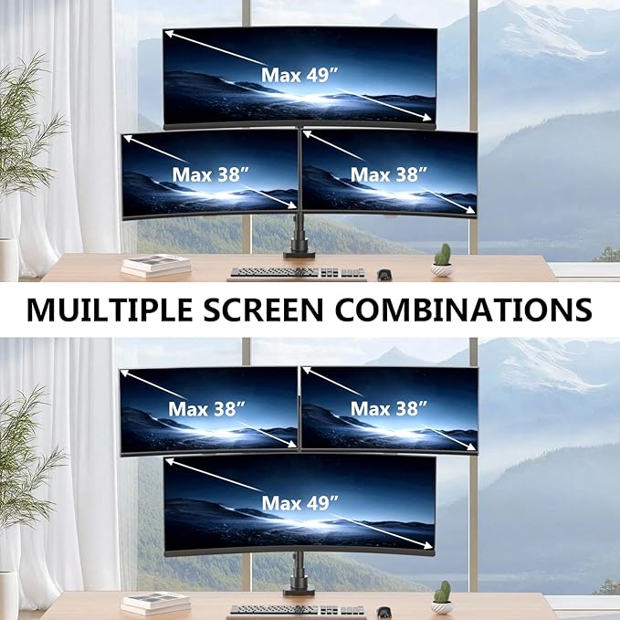 WALI Triple Monitor Mount - Extra Tall 3 Monitor Desk Mount for 13 to 49" Ultrawide Screens, Up to 44 lbs, Fully Adjustable Heavy Duty Gas Springs, VESA 75/100 mm (GSDM003-P), Black