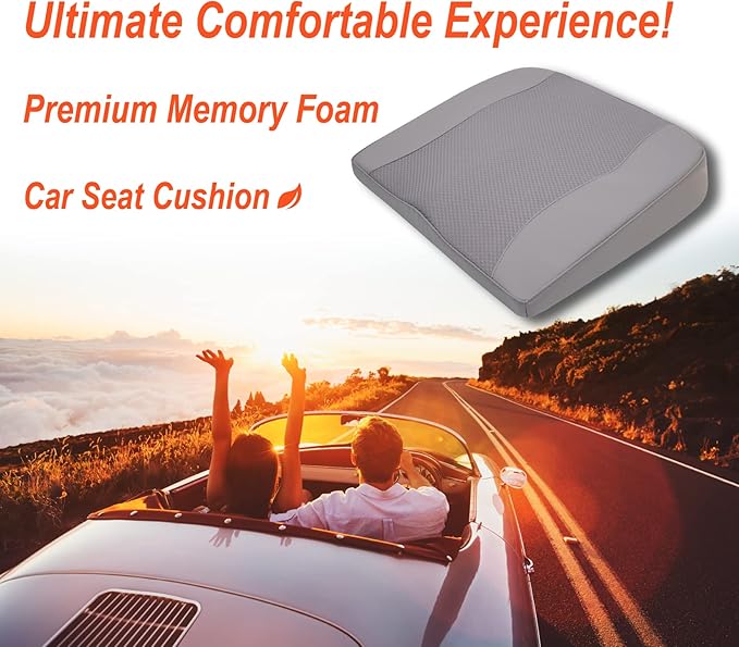 Car Seat Cushion, Comfort Memory Foam Car Cushions for Driving - Sciatica & Lower Back Pain Relief, Driver Seat Pillow for Auto, Office Chair, Wheelchair - Gray