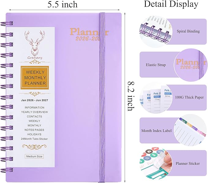 Daily Planner 2026-2027, Weekly and Monthly Planner 2026-2027 Academic Year, January 2026-June 2027 Calendar Planner, 8.2"×5.5", 18 Months, Agenda Book for Teacher, School Student (JAN.2026-JUN.2027 Light Purple)