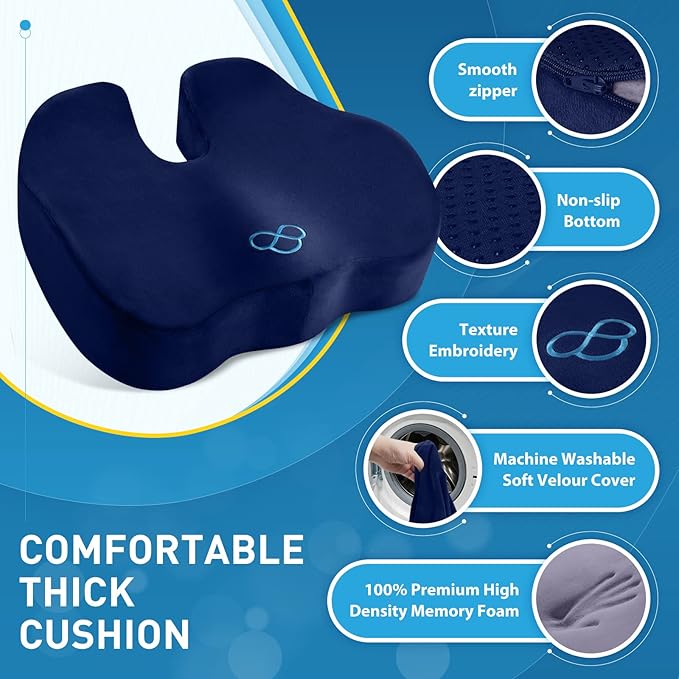 BlissTrends Seat Cushion,Thick Memory Foam Cushions for Office Chair, Car Seat, Airplane, Relieving Pressure Tailbone Sciatica Back Pain for Long Sitting Office Workers, Car Drivers 4.7in Thick Blue