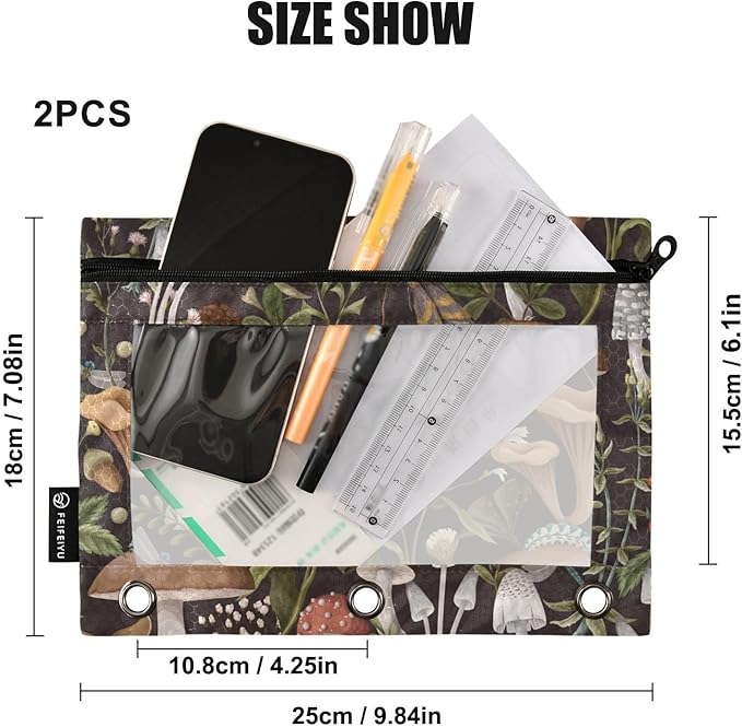 ZAZYXTJ Mushroom Binder Pencil Pouchs 3 Ring with Zipper Clear Window Office Organizers bag for School Students Teacher Supplies 2 Pack