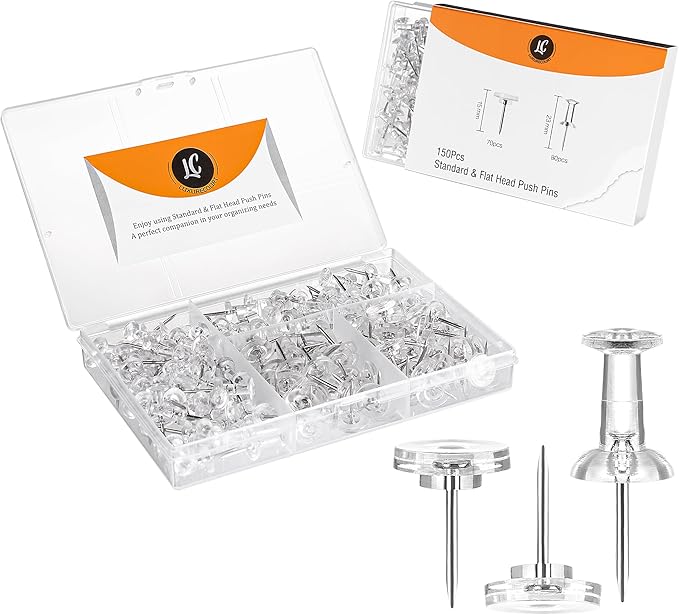 150 Pack Assorted Clear Push Pins by Luxurecourt for Bulletin Board, Wall Hanging, Cork Board, Shadow Box Display - Includes Flat Head Thumbtacks & Standard Pushpins in Plastic Resuable Storage Box.
