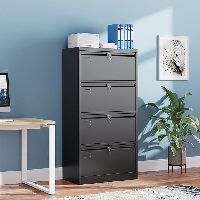 SUXXAN 4 Drawer File Cabinet, Lateral Filing Cabinet with 4 Locks for Home Office, Black File Cabinets with Business Card Holder for Letter/Legal/F4/A4 Hanging Files