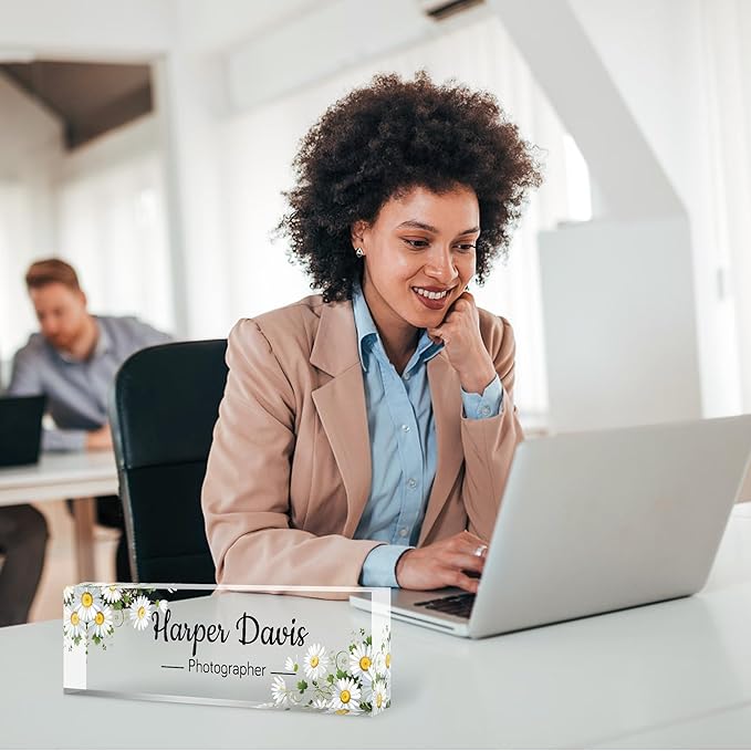 Custom Name Plate for Desk, Personalized Acrylic Office Name Sign with Name & Title, Elegant Desk Decor for Women Men, Employee Appreciation Gift (Sunflower)