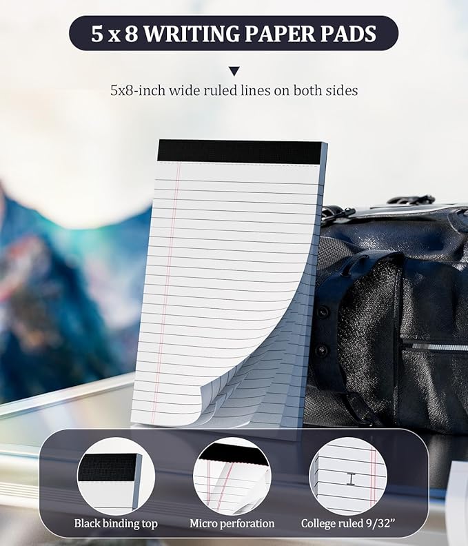 36 Pack Legal Pads 5x8, Small Notepad, College Ruled Writing Pads, Small Note Pads 5x8 White, Narrow Ruled Lined Paper Pads, 30 Sheet/Notepad, Perforated Mini Notepad for Work Home School to-Do Lists
