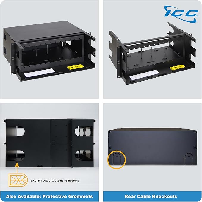 ICC 4U Fiber Optic Rack Mount Enclosure - 12 Slots for LGX Compatible Adapter Panels or Cassettes, Supports up to 288 Fibers, Fits 19-Inch Racks, Secure Fiber Management Solution, ICFORET4RM