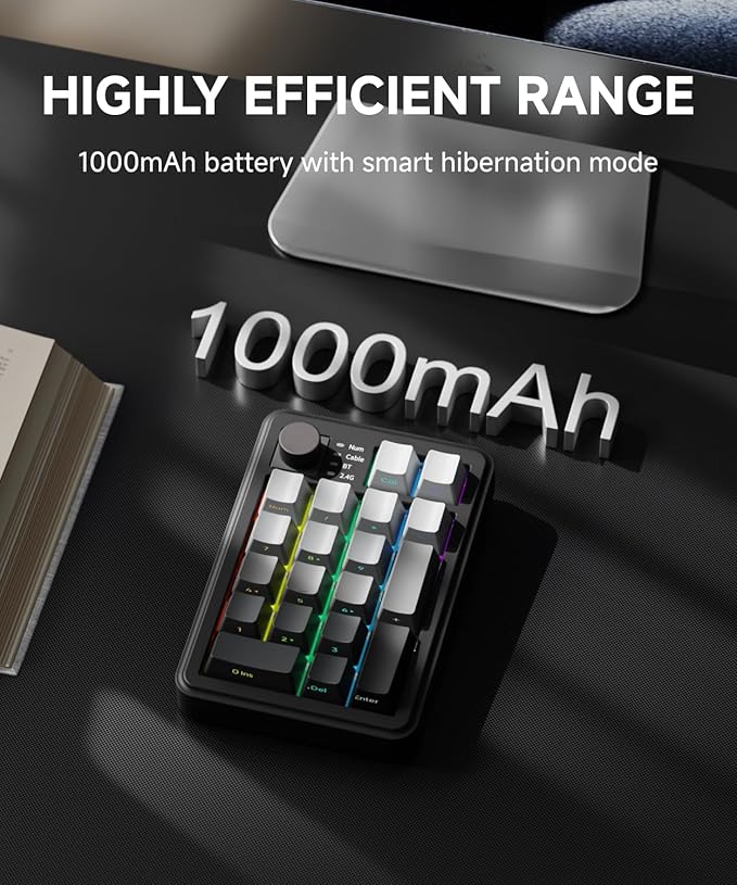 EWEADN NK20 Wireless Retro Mechanical Numpad with Knob, Bluetooth/2.4GHz/USB-C Connect with RGB Backlight Hot Swappable Number Pad, 20-Key Rechargeable External Num Pad for Win, Mac, Black Gray