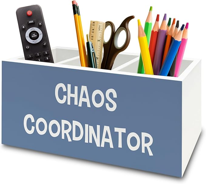 Chaos Coordinator Blue Pen Pencil Holder Organizer for Desk, Thank You Gifts for Women Men Coworkers Boss Leader Manager, Appreciation Gifts Wooden Box Sign for Office Tabletop Decorations