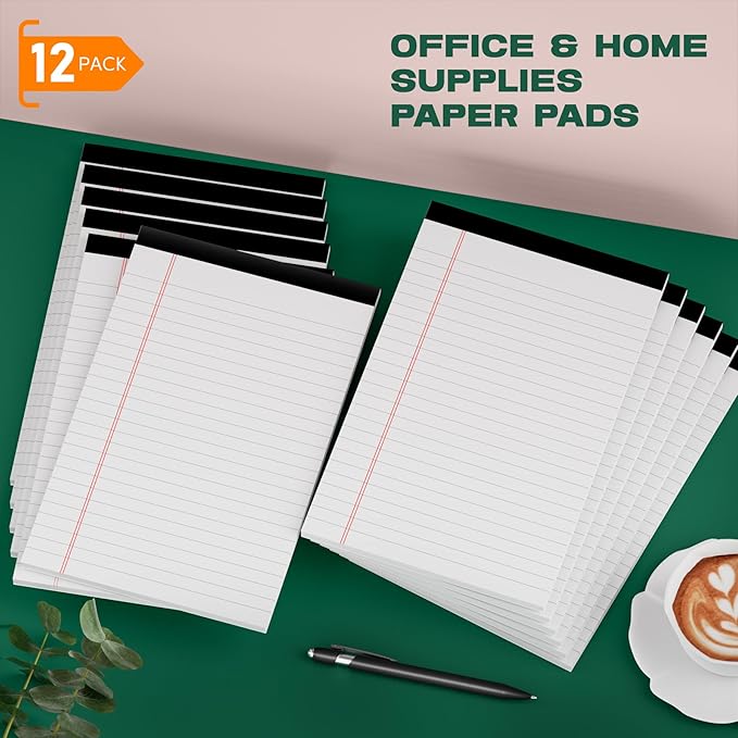 12 Pack Note Pads 5x8, Small Legal Pads 5x8 White Writing Paper for Work, Mini Notepads College Ruled Paper with Sturdy Back 25 Lines, Perforated Legal Note Pad 5" x 8", 30 Sheets Per