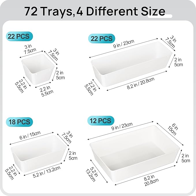 Vtopmart 72 PCS Plastic Drawer Organizers Set, 4-Size Versatile Bathroom and Vanity Organizer Trays, Non-Slip Storage Bins for Makeup, Jewelries, Kitchen Utensils and Office Desk, White