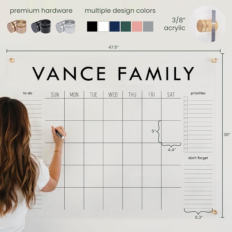 Personalized Clear Acrylic Calendar for Wall, Calendar Whiteboard for Wall, Dry Erase Wall Calendar, Wall Calendar Organizer System for Home (Block, White, 47.5"W x 36"H)