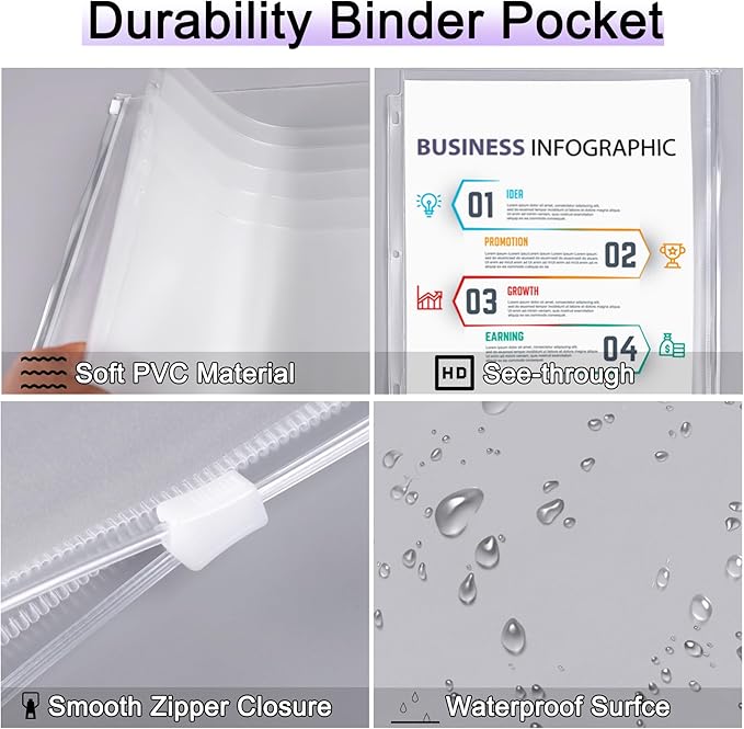 Antner 18 Pack Clear Letter Size Binder Pockets 3 Ring Binder Zipper Pouch Document Organizer, Waterproof PVC 3-Hole Loose Leaf File Bags Insert Sleeves Page Sheet Protectors Business Office Supplies