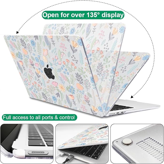 Compatible with 2025 MacBook Air 13.6 inch Case M4 A3240 Cover, Shiny Pattern Plastic Hard Shell Case Keyboard Skin for Mac Air 13.6 M2 A2681 M3 A3113 2024-2022 Release, Starry Sky Flowers