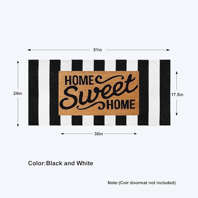 Collive Christmas Black and White Outdoor Striped Rug 24"x 51", Cotton Woven Front Porch Rug Decor, Washable Farmhouse Layered Welcome Mat Outdoor for Kitchen Entryway Entrance