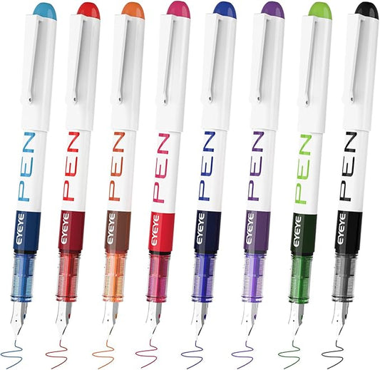 EYEYE Fountain Pens for Writing, 8 Pack Assorted Colors Fine Point Disposable Fountain Pens Stainless Steel Nib, Smooth Writing for Journaling, Drafting, Sketching, Doodling & Gifts