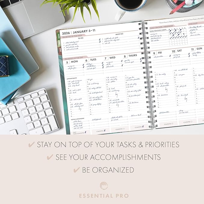 Essential PRO 2026 Daily, Weekly & Monthly Planner, 8.5"x11": 14 Months (Nov 2025 - Dec 2026) Monthly Tabs,Daily Tracking,Notes Pages,Storage Pocket,Bookmark w Sticky Notes (Teal Gold Marble)