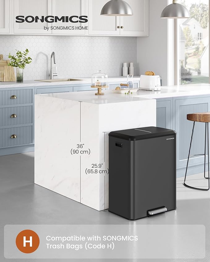 SONGMICS Trash Can, 2 x 8 Gallon (2 x 30 L) Double Garabge Can for Recycling and Waste, Stainless Steel, Soft-Close Lid, Inner Buckets, Wide Sturdy Pedal, Ink Black ULTB556B01