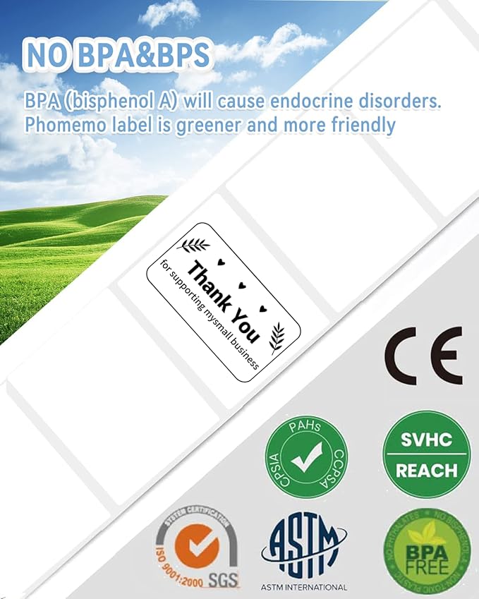 Phomemo 4"x3" Thermal Labels Roll for Small Business Supplies - Commercial Grade Logo Stickers for Business Customized - Waterproof Shipping Labels for Thermal Label Printer - 500 PCS Label Stickers