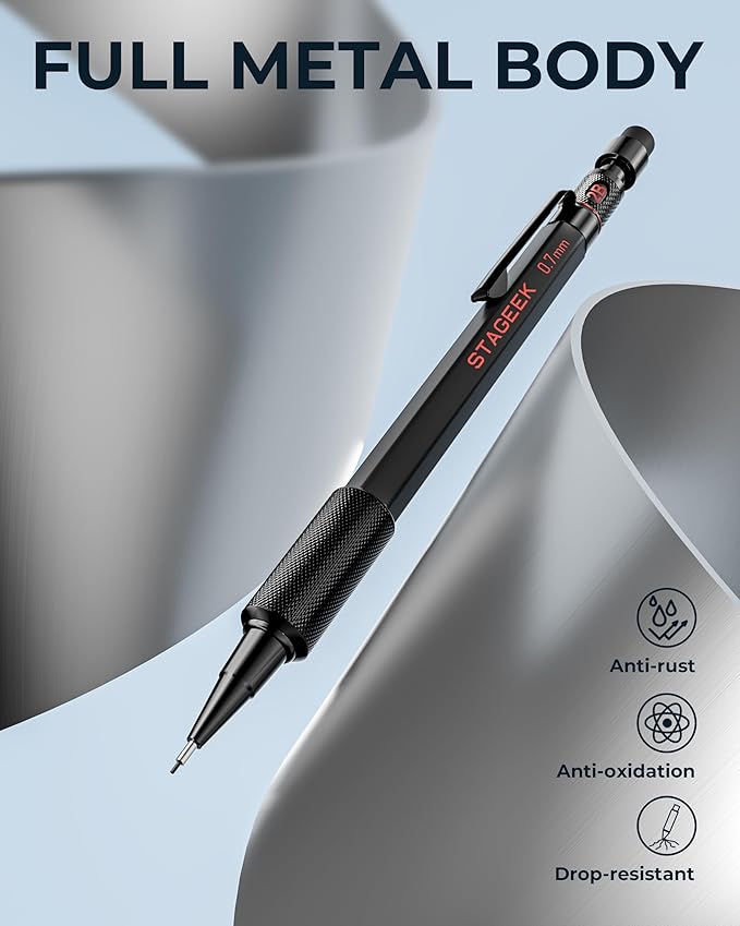 0.7mm Mechanical Pencil Set, 3PCS Metal Mechanical Pencils 0.7mm with 6 Tubes HB & 2B Lead Refills,Erasers, Weatherproof Artist Pencils with Case for Outdoor Writing Drafting Drawing