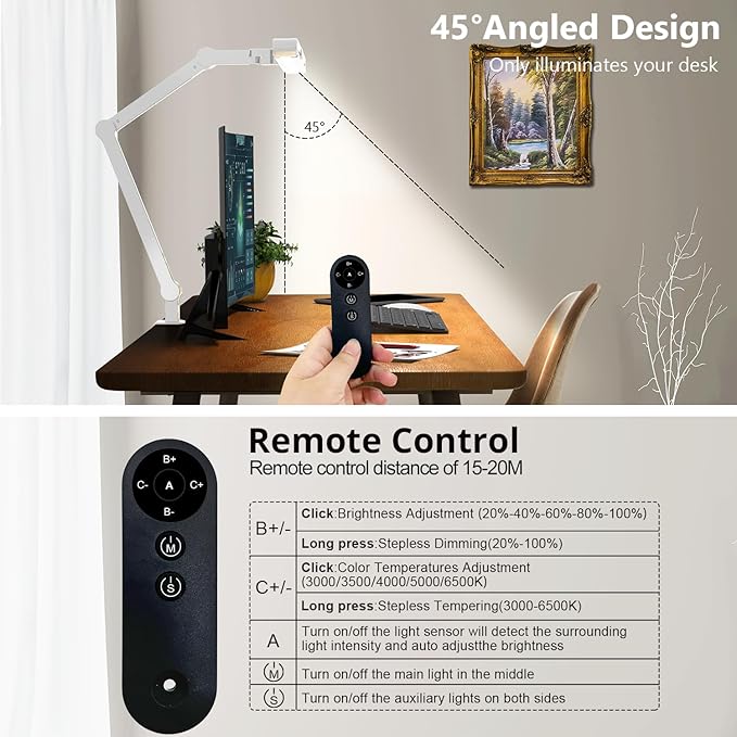 Micomlan Architect Desk Lamp with Clamp, Led Desk Lamp for Home Office with Remote Control, 24W Bright Dimmable Computer Light with Atmosphere Lighting Adjustable Table Light(Remote)