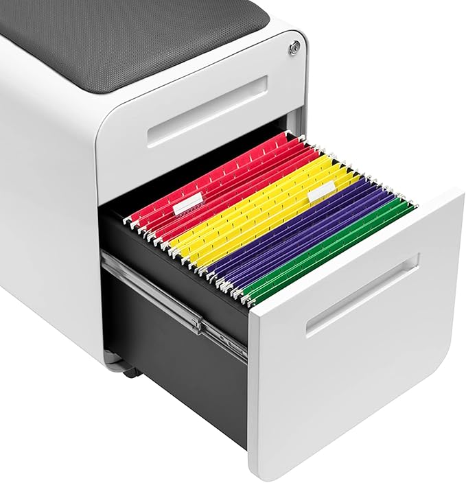 Laura Davidson Furniture STOCKPILE Mini Seated 2 Drawer Mobile File Cabinet with Removable Magnetic Cushion Seat - Short Version, Metal Filing Cabinet, Pre-Assembled, White with Grey Cushion