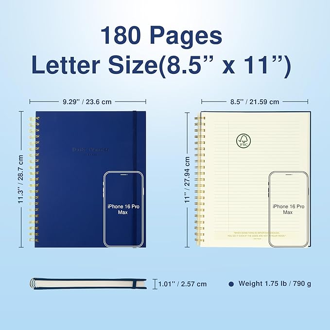 Undated Daily Planner To Do List Hourly Schedule 2027 2026 2025 Calendar & Holiday Habit Tracker 180 Pages Letter Size 8.5" x 11" Sheets Hardcover Spiral Bound Notebook (Navy Blue)