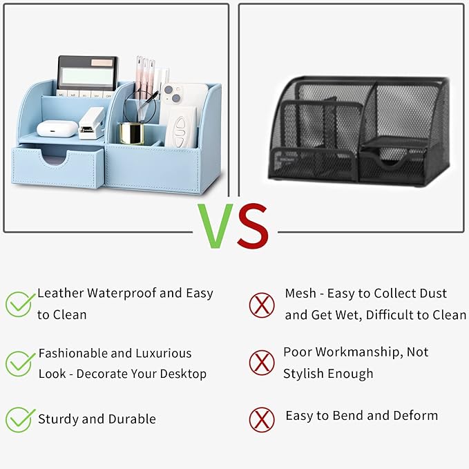 KINGFOM Pu Leather Desk Organizer Pen Pencil Holder Office Supplies Caddy Storage Box 6 Compartments with Drawer Blue