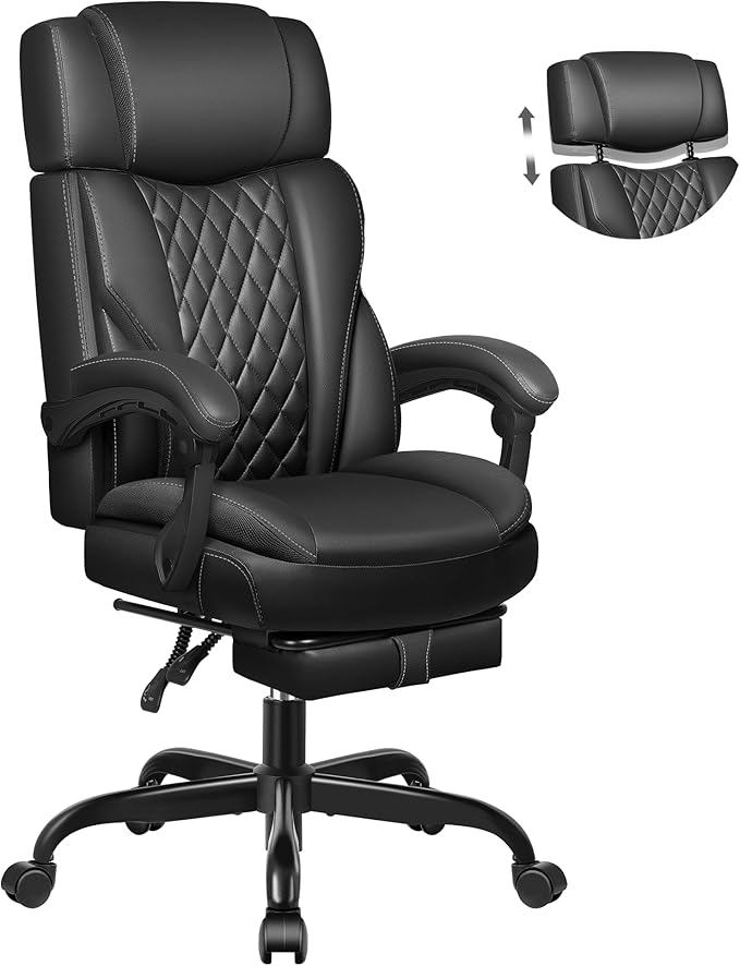 Executive Leather Office Chair, Big and Tall Office Chair with Footrest Home Office Desk Chairs, Ergonomic Computer Desk Chair with Lumbar Support, Reclining Desk Chair with Adjustable Angle