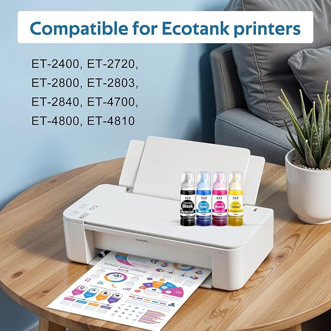 522 High Capacity Ink Refill Bottle Combo Pack Compatible for Epson 522 Ink Works with EcoTank ET-2400, ET-2720, ET-2800, ET-2803, ET-2840, ET-4700, ET-4800, ET-4810 Printer (4 Pack,70ML)