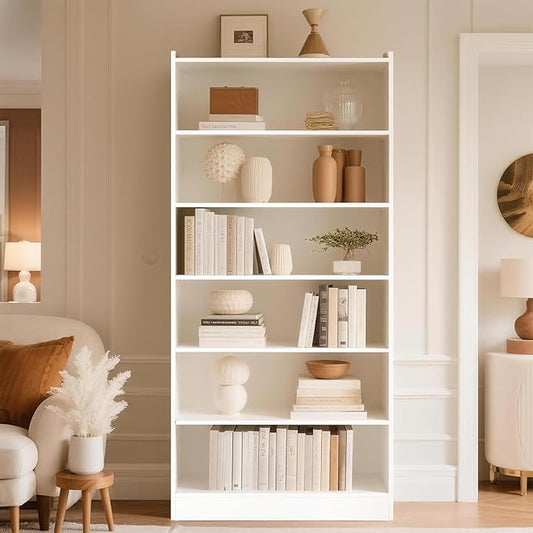 72" Rectangle Wooden Bookshelf with 6 Tier Bookshelf, Large Bookcase for Home Offices and Living Rooms with Storage Shelves, Display Shelves, White