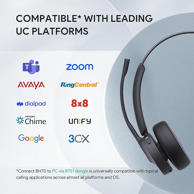 Yealink BH70 Mono UC Wireless Bluetooth Headset with Microphone for Work, up to 35h Talking Battery Life, 3-Mic Noise Cancellation, 91g Lightweight Work Headsets for Open Office, USB-C to A