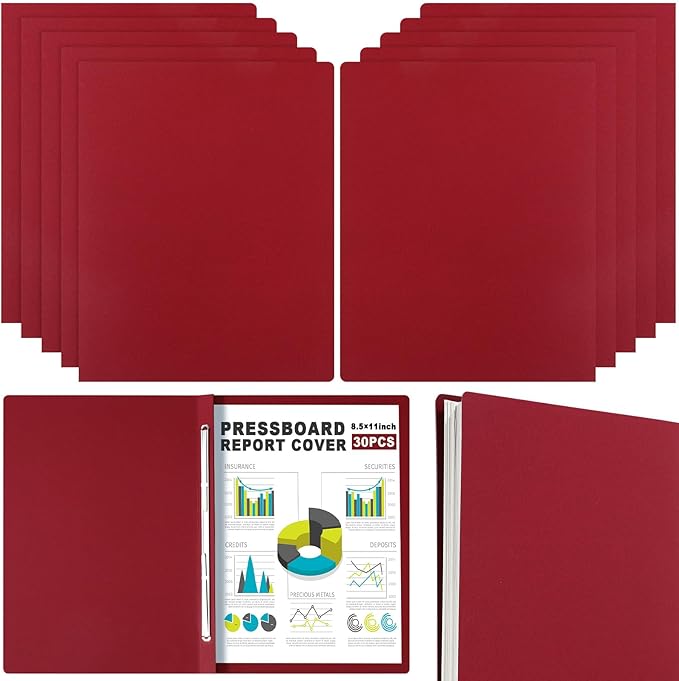 30 Pcs 8.5'' x 11'' Pressboard Report Cover, 3'' Capacity Metal Prong Fastener with Compressor, Letter Size, Presentation Folder to Neatly Bind Report, Proposal Document (Burgundy)