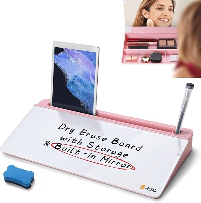 SELEAD Desktop Glass Whiteboard with Organizer & Built-in Mirror - Small Dry Erase White Board Computer Pad Keyboard Stand with Markers, Eraser, Holder for Women Girls - Pink