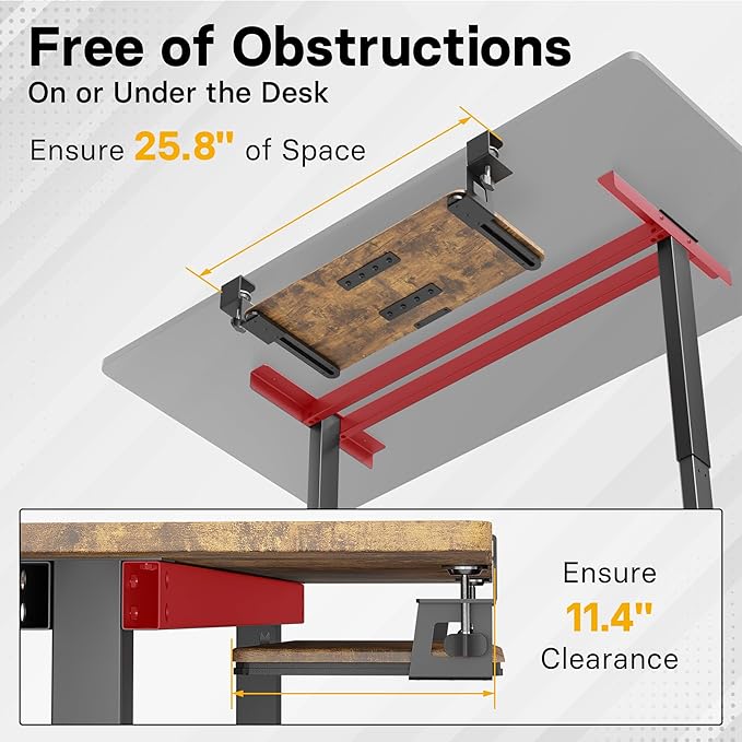 BONTEC KMT01 Under Desk Keyboard Tray, Pull-Out Keyboard & Mouse Platform with C-Clamp, 25.6 x 11.8 in Space-Saving Ergonomic Slide-Out Drawer, Rustic Brown