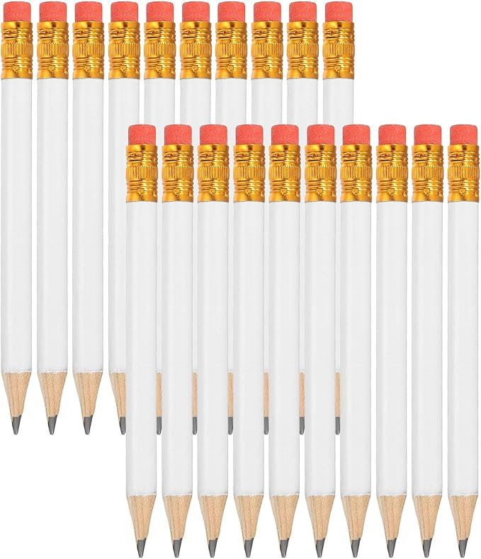 MECCANIXITY Golf Pencils with Erasers, 4" HB Mini Half Pencils Pre Sharpened Small Pens for Wedding Bridal Shower Game Office Writing Drawing(White, Pack of 20)