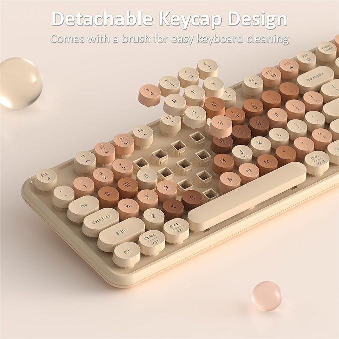 Wireless Keyboard and Mouse, Full-Size Retro Typewriter Keyboard with Round Keycaps, 2.4GHz for Windows, Mac, Laptop, PC, Desktop (Milky Tea Colorful)