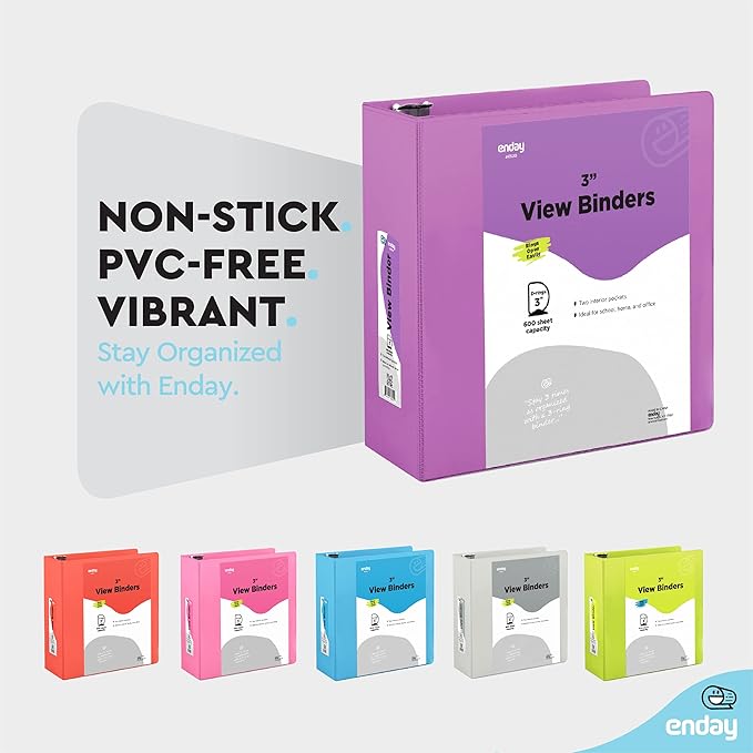 3 Slant D-Ring Binder 3 Inch Purple, 3 in Clear View Cover with 2 Inside Pockets Binder, Heavy Duty Colored School Supplies Binders,Also Available in Green, Grey, Red, Blue, Pink (12 PC) – by Enday