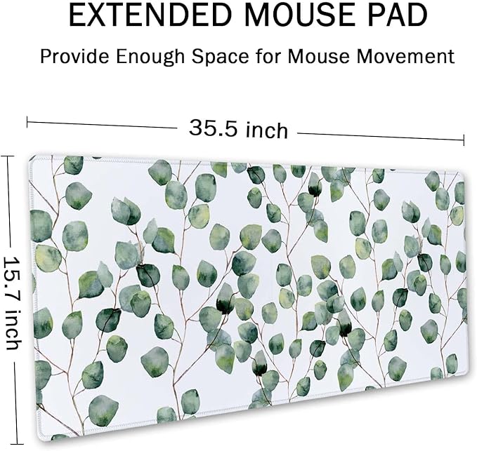 SSOIU Extended Gaming Mouse Pad XXL ArtSo Large Keyboard Mat Long Mousepad Desk Decor Writing Pad Non Slip Rubber Base Stitched Edges for Work, Game, Office, Home, 35.5" x 15.7", Eucalyptus Leaves