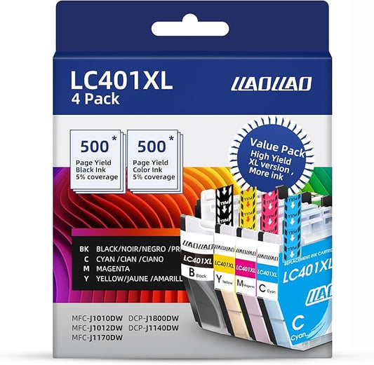 LC401XL Ink Cartridges Replacement for Brother LC401 LC401XL Ink Cartridges for Brother Printer MFC-J1010DW MFC-J1012DW MFC-J1170DW Black Cyan Magenta Yellow (4 Pack)