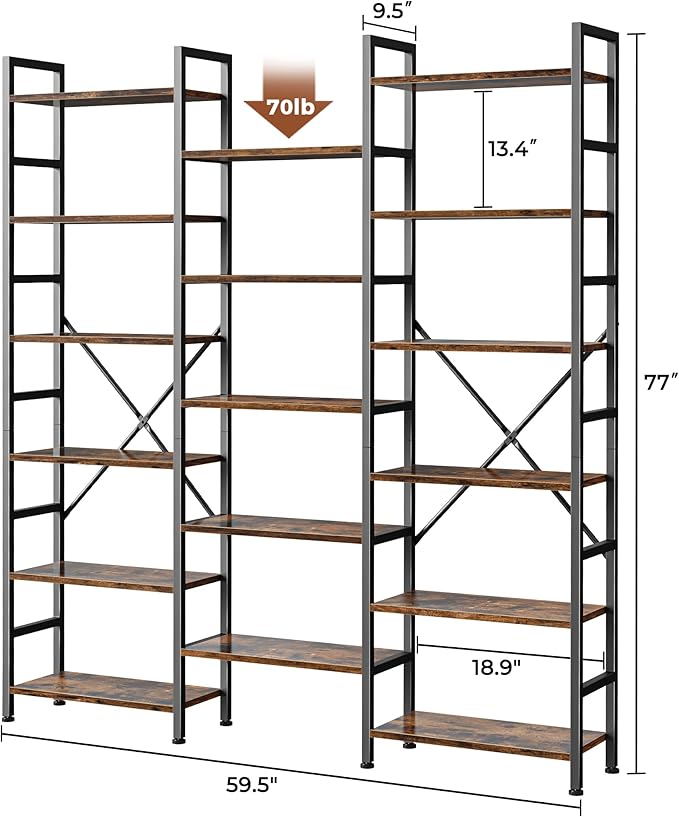 SUPERJARE Triple 6 Tier Bookshelf, Bookcase with 17 Open Display Shelves, Wide Book Shelf Book Case for Home & Office, Rustic Brown