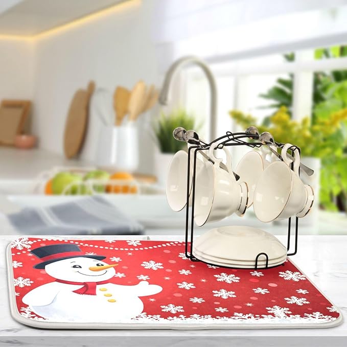 Christmas Snowflakes Snowman Dish Drying Mat 16 X 18 Inch Xmas Snowmen Winter Santa Dry Dishes Pads Tableware Mats Protector for Kitchen Countertops Counter Home Decorations