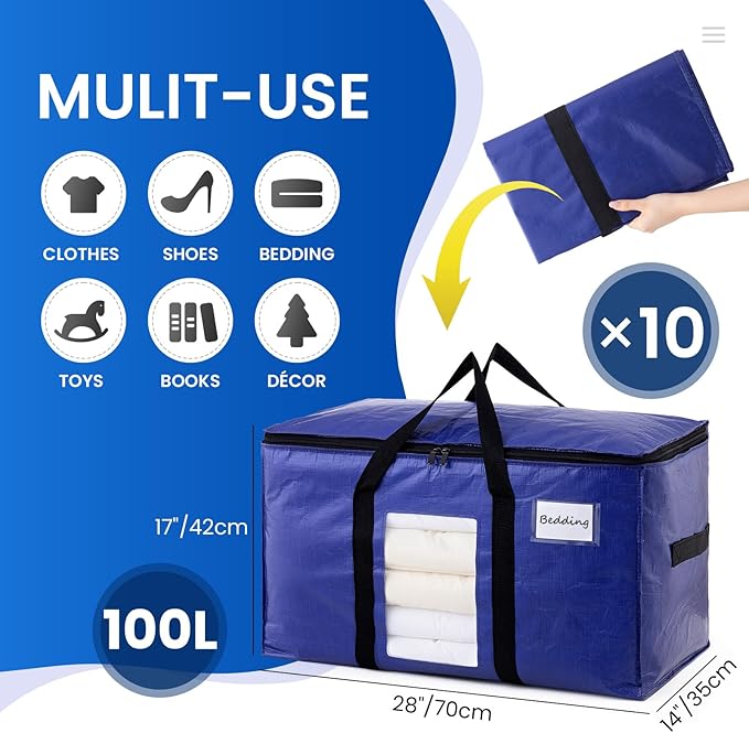 TAILI 10 Pack Dark Blue Extra Large Moving Bags, Heavy Duty Totes with Visible Window, Wrap Around Handles, Great for Space-Saving