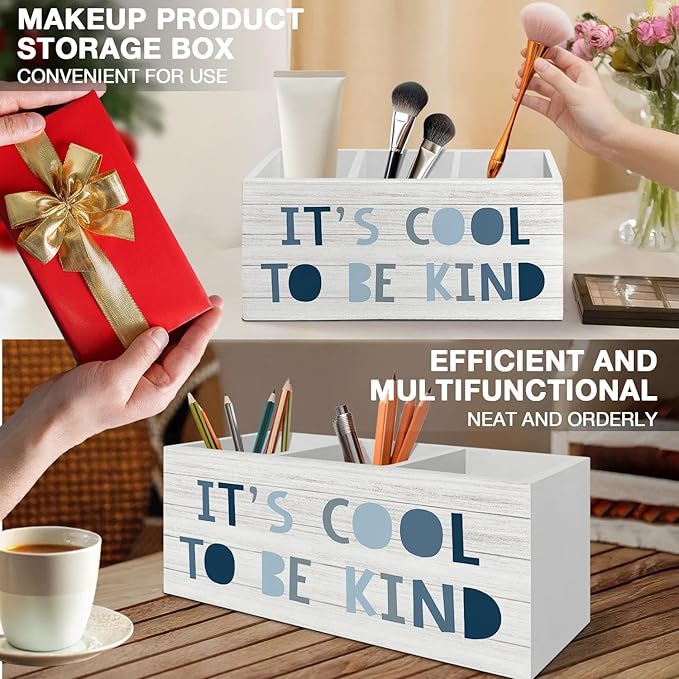 Boho Blue Pen Pencil Holder Organizer for Desk Accessories, Boys Room Decor, It's Cool to Be Kind Wooden Box Signs Decorations for Kids Boys Nursery Bedroom Playroom Desk Tabletop
