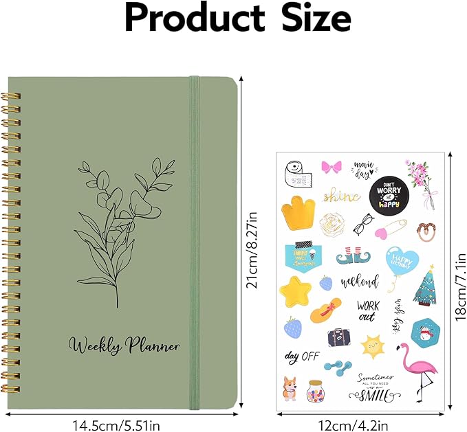 Undated Weekly Planner, A5 Weekly To Do List Notebook with Habit Tracker Spiral Binding Weekly Planner Notebook with Stickers Home Work School Supplies, Sage Green